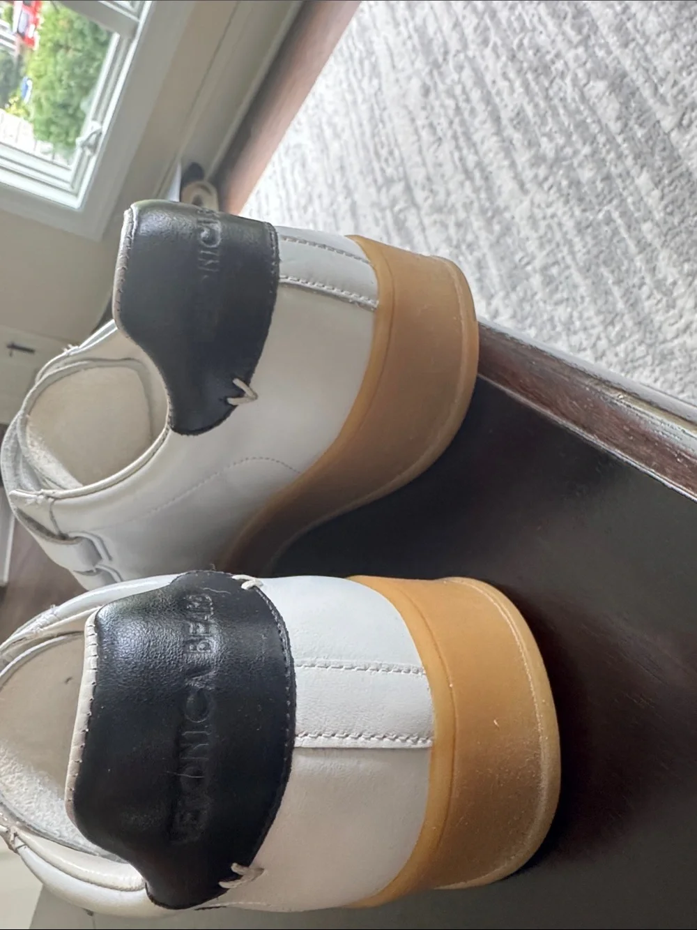 Veronica Beard White Leather Velcro Strap Sneakers with Black Heel Detail